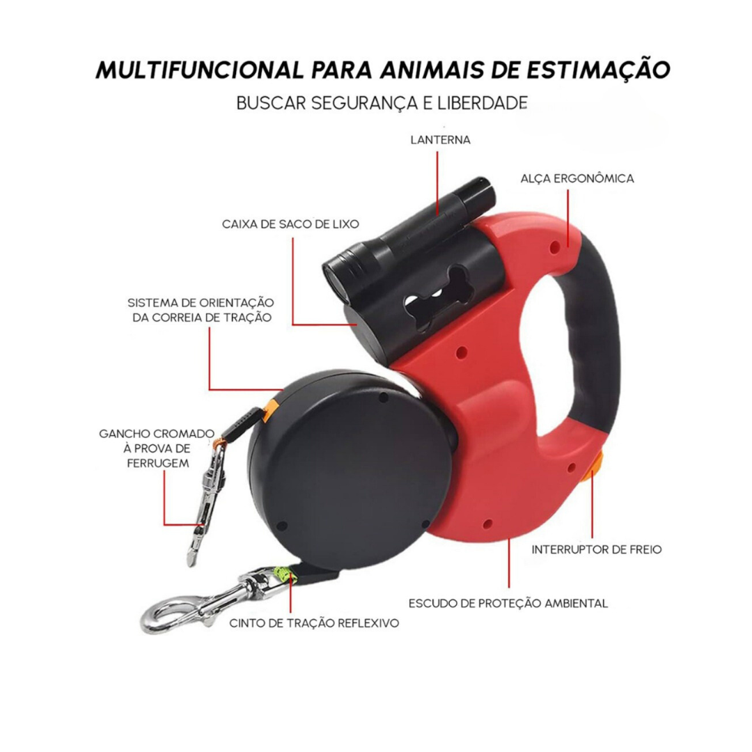 Guia Dupla Retrátil Giro automático 360° com Lanterna e Porta Saco